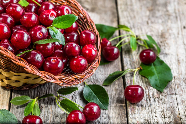 istock Organic cherries, farm fresh fruits on farmer table 844423616