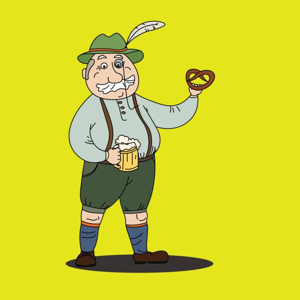 ilustrações, clipart, desenhos animados e ícones de homem da baviera com cerveja e pretzel na oktoberfest - beer glass mustache beer color image
