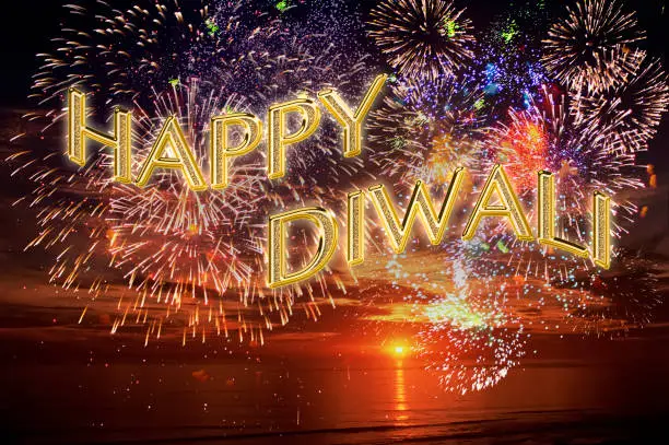 Creative greeting card design for Happy Deepavali Festival celebration on sunset background with fireworks design and Happy Diwali Golden Text