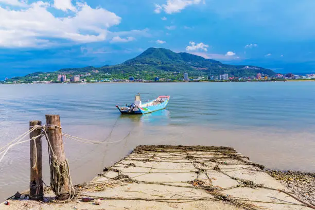 View of Tamsui sea and traditional fishing boat in Taiwan