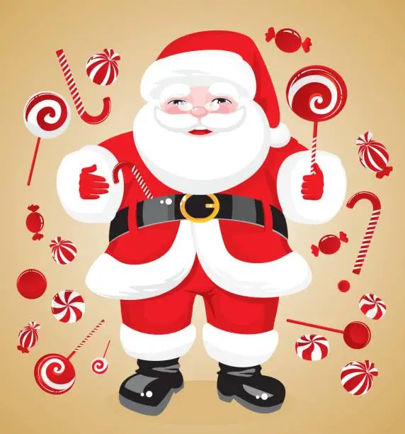 Vector illustration of jovial Santa Claus with red sweets