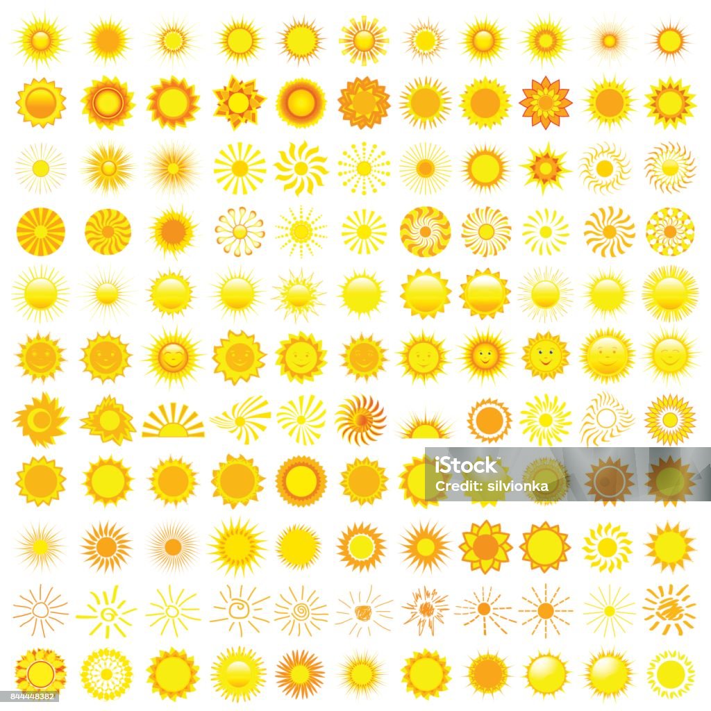 Big set of different sun over white Big set of different yellow, orange and red sun isolated on white background, design element. Vector illustration Sun stock vector