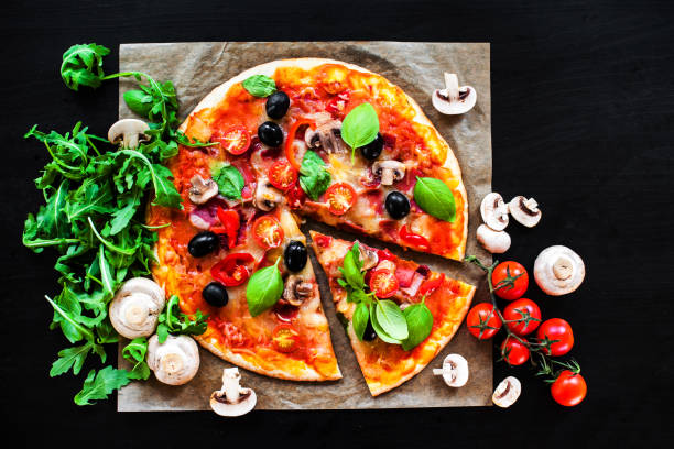 istock Pizza Margherita with cheese and basil leaf on dark background with fresh ingredients   for you to design and restaurant menu. Delicious Homemade Cheese  pizza