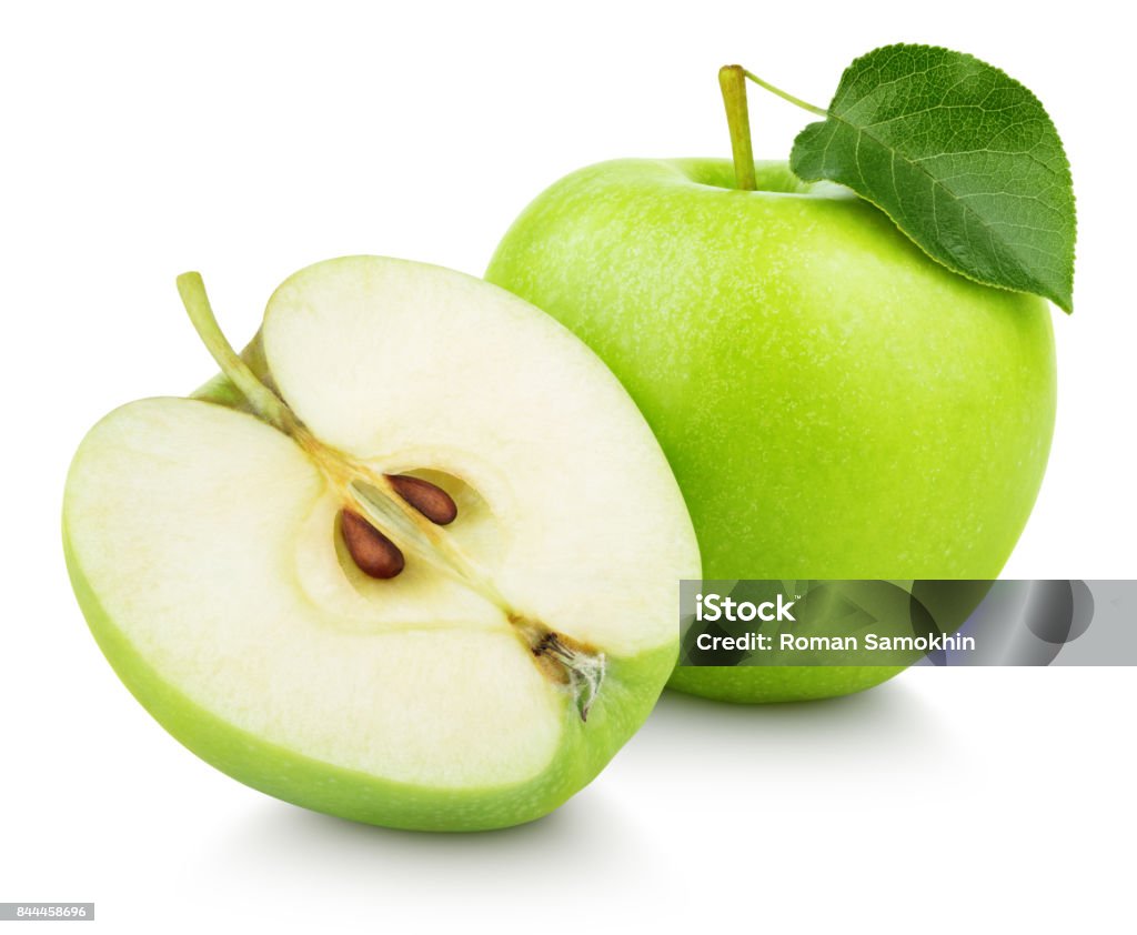Fruit de pomme verte avec moitié et vert feuille isolé sur blanc - Photo de Pomme libre de droits