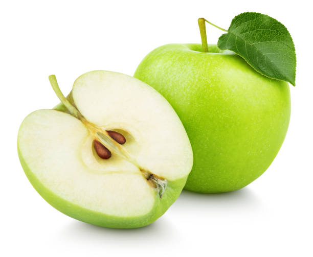 반 및 녹색 녹색 사과 과일 잎에 고립 된 화이트 - granny smith apple 이미지 뉴스 사진 이미지