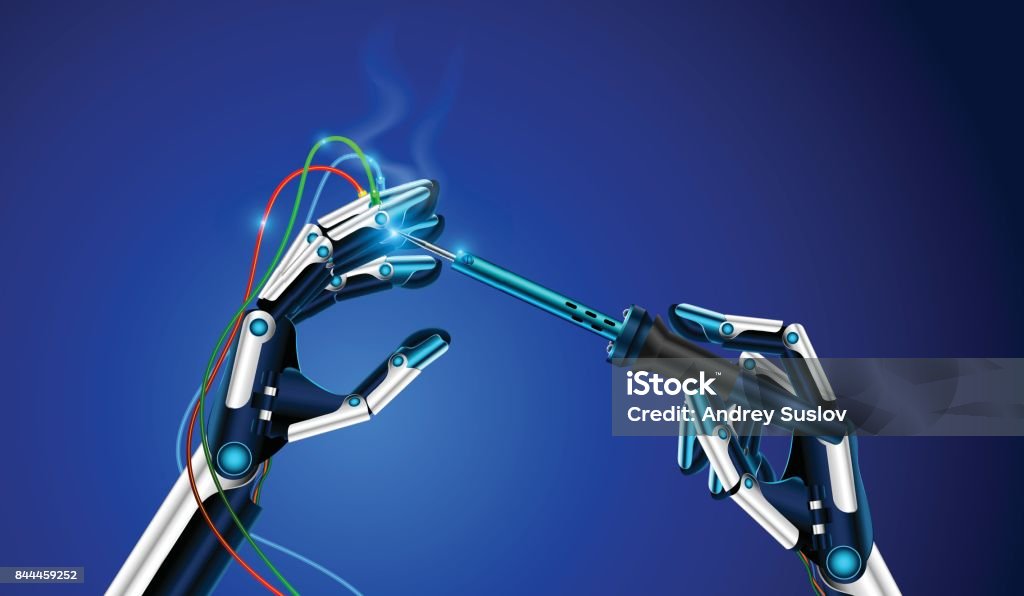 El robot sostiene en una mano un soldador - arte vectorial de Exoesqueleto con motor libre de derechos