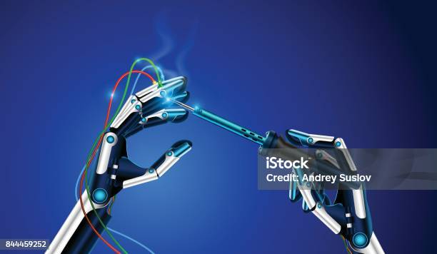 Ilustración de El Robot Sostiene En Una Mano Un Soldador y más Vectores Libres de Derechos de Exoesqueleto con motor - Exoesqueleto con motor, Esfuerzo, Futurista