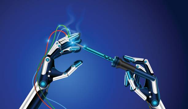 illustrazioni stock, clip art, cartoni animati e icone di tendenza di il robot tiene in mano un ferro da saldare - soldering iron illustrations