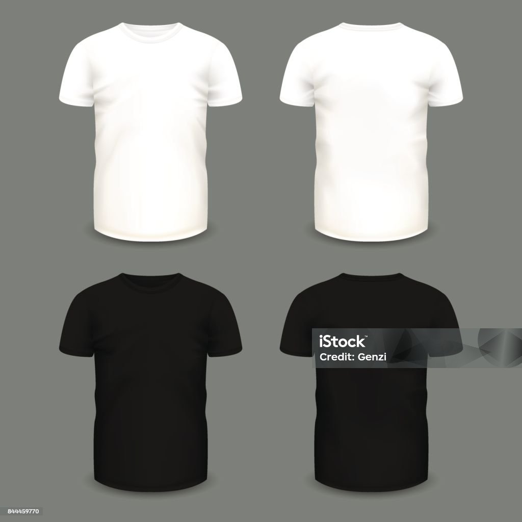 Set of men's white and black t-shirts in front and back views. Set of men's white and black t-shirts in front and back views. Volumetric vector template. Realistic shirts mockup used for advertising labels, logo, emblem design or textile goods, for websites. T-Shirt stock vector