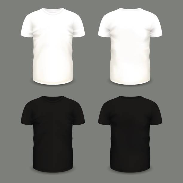 Set of men's white and black t-shirts in front and back views. Set of men's white and black t-shirts in front and back views. Volumetric vector template. Realistic shirts mockup used for advertising labels, logo, emblem design or textile goods, for websites. kids tshirt stock illustrations