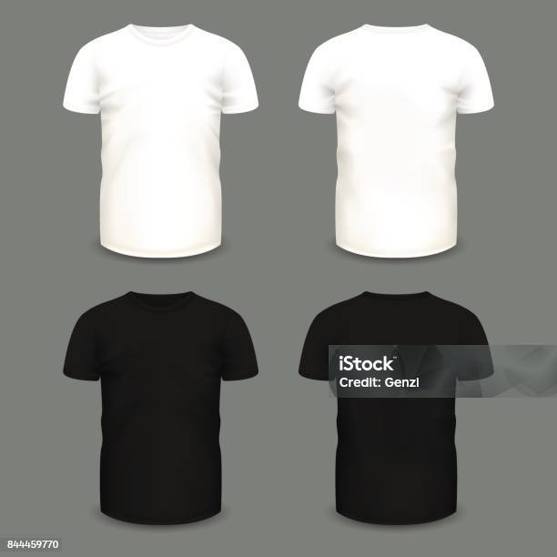 Set Of Mens White And Black Tshirts In Front And Back Views Stock Illustration - Download Image Now