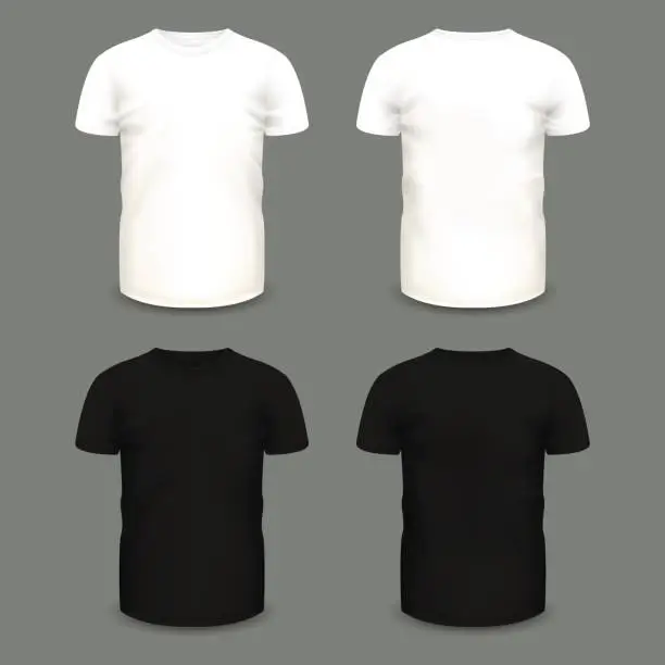 Vector illustration of Set of men's white and black t-shirts in front and back views.