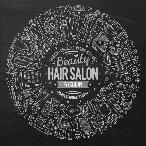 ilustraciones, imágenes clip art, dibujos animados e iconos de stock de conjunto de vector de pelo salón de la historieta doodle objetos - computer icon symbol hair gel hair salon
