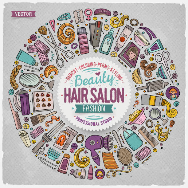 ilustraciones, imágenes clip art, dibujos animados e iconos de stock de conjunto de vector de pelo salón de la historieta doodle objetos - computer icon symbol hair gel hair salon