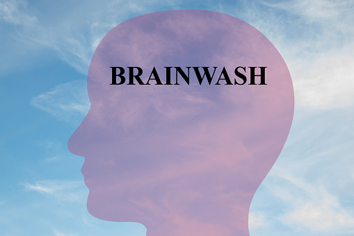 Render illustration of Brainwash title on head silhouette, with cloudy sky as a background.