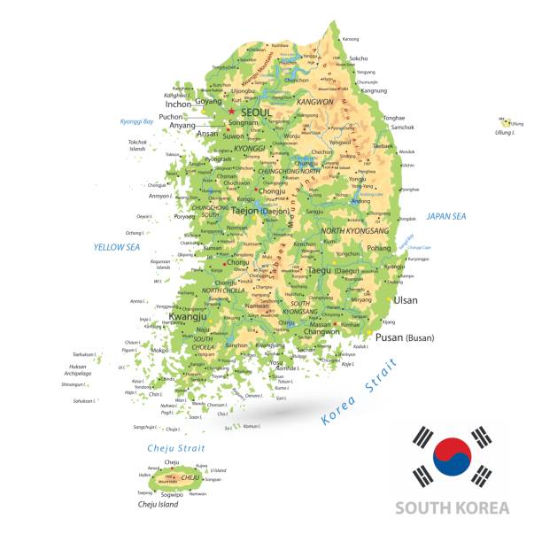 illustrations, cliparts, dessins animés et icônes de corée du sud carte physique isolée on white - korean peninsula