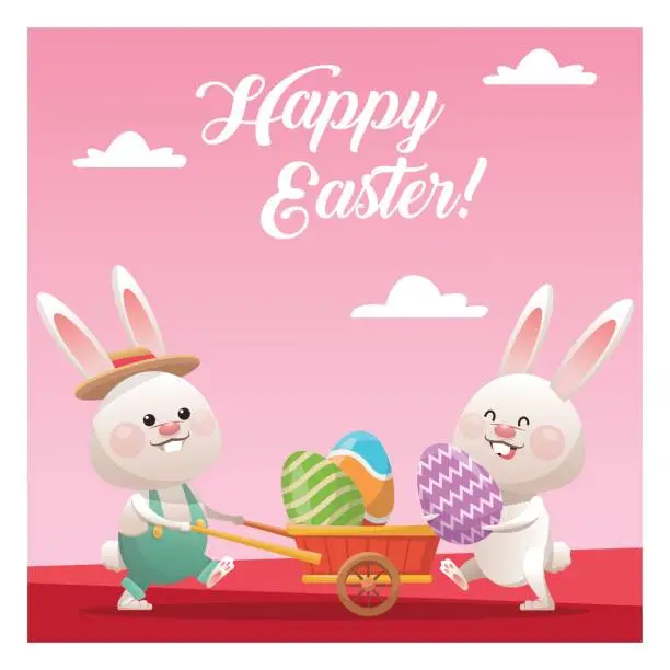 Vector illustration of happy easter couple bunny carrying egg pink background