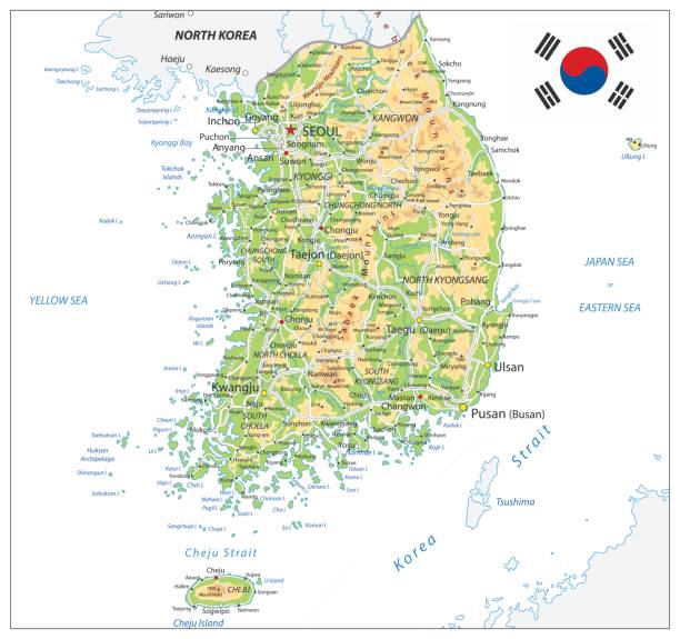 ilustrações de stock, clip art, desenhos animados e ícones de south korea physical map - korean peninsula