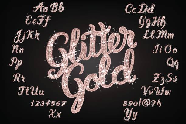 Glitter rose Gold Handwritten alphabet Handwritten Glitter rose Gold alphabet vector font. Hand drawn brush script letters on black background. Stock vector lettering typography rose gold glitter stock illustrations
