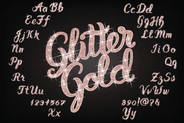 Glitter rose Gold Handwritten alphabet Handwritten Glitter rose Gold alphabet vector font. Hand drawn brush script letters on black background. Stock vector lettering typography costume jewelry stock illustrations