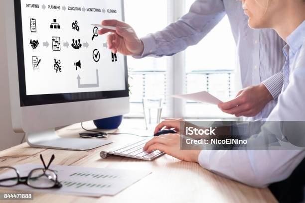 Team Of Project Managers Planning On Computer Screen Business Process Stock Photo - Download Image Now