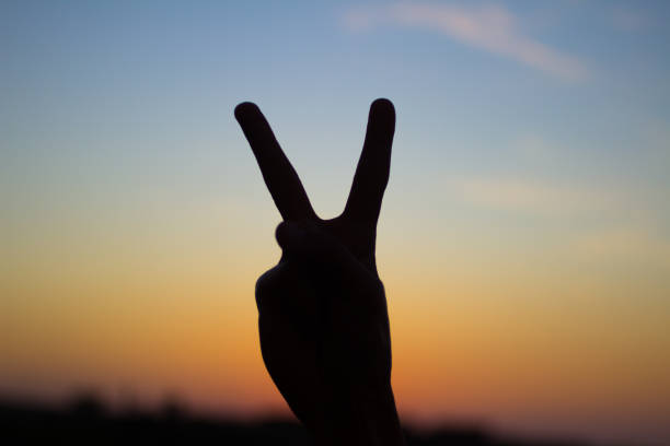 istock hand silhouette showing victory sign on sunset background 844472102