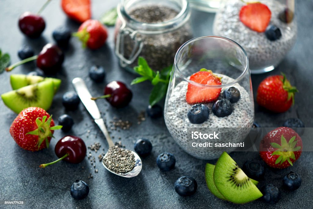 Chia pudding with berries, healthy breakfast, vitamin snack, diet and healthy eating Chia seed Stock Photo