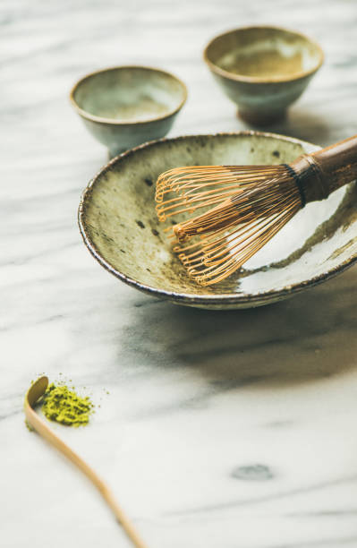 istock Japanese tools and bowls for brewing matcha tea, copy space 844478502