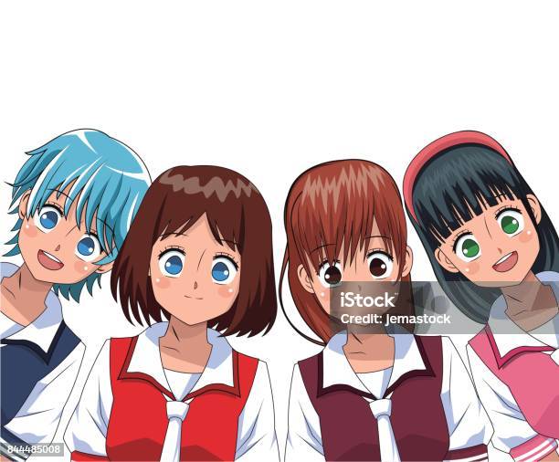 Ilustración de Grupo Anime Chica Manga y más Vectores Libres de Derechos de Estilo manga - Estilo manga, Niñas, Personaje