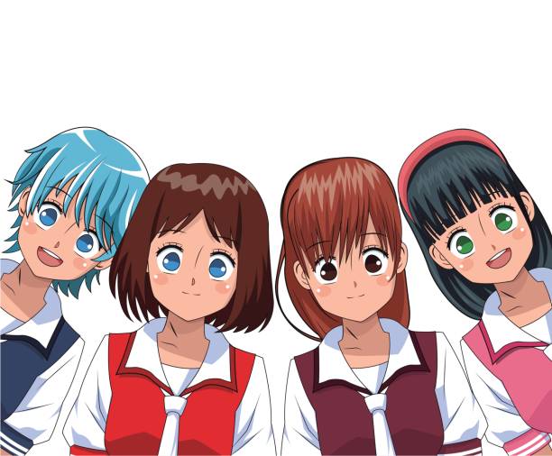 ilustrações de stock, clip art, desenhos animados e ícones de group anime girl manga - food smiling human eye facial expression
