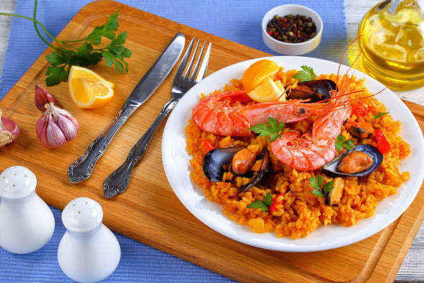 istock seafood valencia paella on white plate 844488560