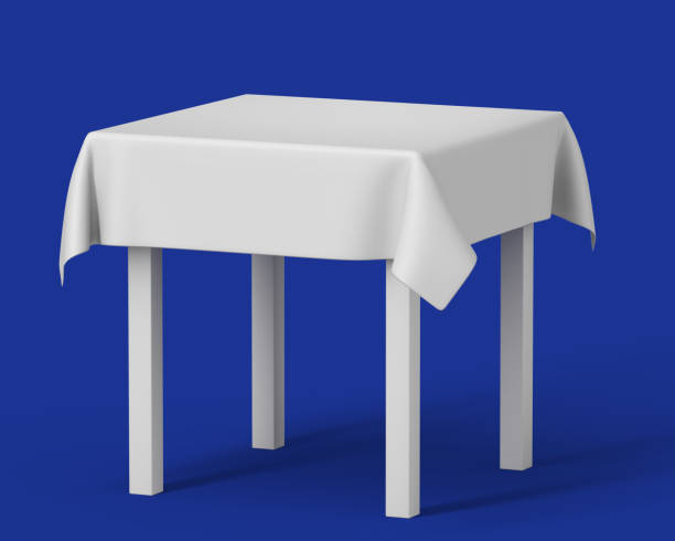 istock White square isolated table with short tablecloth. set on blue background. 3d illustration, template BTL below-the-line . 3d illustration 844493074