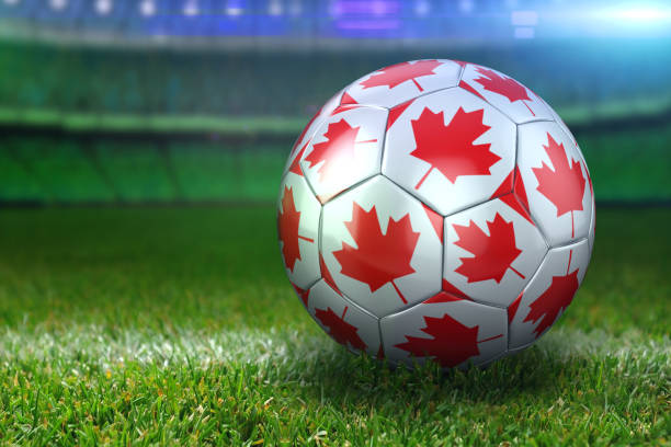 balón de fútbol de canadá en el estadio verde hierbas por la noche - canadian football fotografías e imágenes de stock