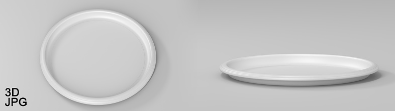 blank beautiful simple round empty tray of white plastic. 3d illustration. pattern of carbon