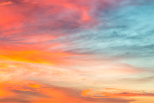 Colorful sky background in twilight, with golden, blue and orange, in soft blurred style, amazing beautiful sunset.