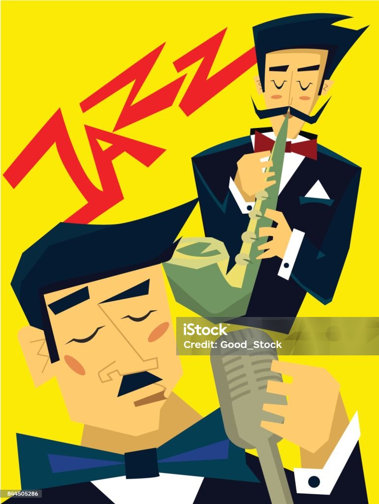 Template of poster for jazz music concert. Man plays the saxophone, singer sings into the microphone. Vector illustration. Template of poster for jazz music concert. A man plays the saxophone, singer sings into the microphone. Vector illustration. Jazz Music stock vector