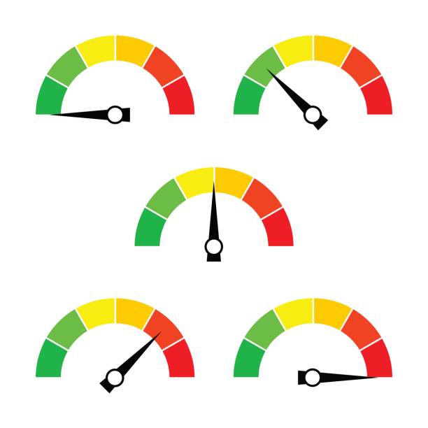 stockillustraties, clipart, cartoons en iconen met snelheidsmeter pictogram of bord met de pijl. collectie van kleurrijke infographic gauge element. - voetgangersstoplicht