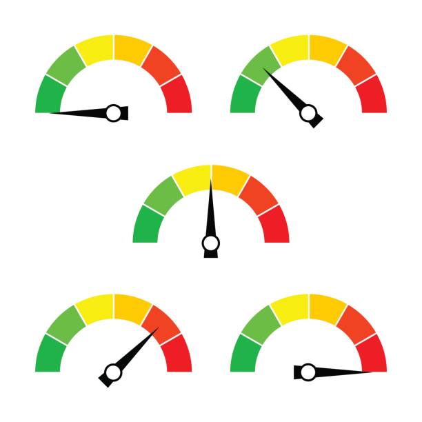 ilustrações de stock, clip art, desenhos animados e ícones de speedometer icon or sign with arrow. collection of colorful infographic gauge element. - serhii