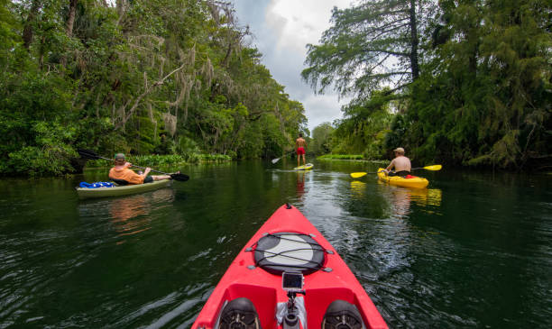 kayak et paddleboard sur silver river - canoe kayak, jaune photos et images de collection