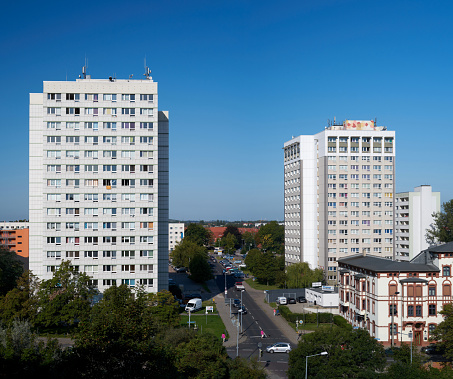 Magdeburg, Germany – August 28, 2017: City view of the district Reform in Magdeburg with two marked residential buildings.
