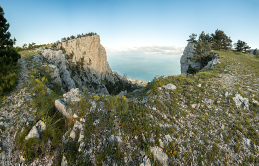 mountain landscape, the valley of ghosts, grass, rocks, mountain Crimea Trekking in the Crimea
