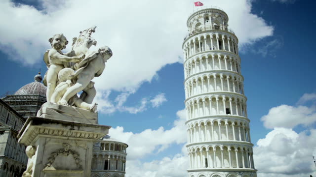 Exciting view of Fountain with Angels and Leaning Tower of Pisa in Italy, tour