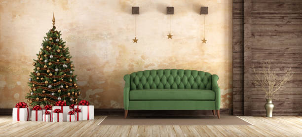 Old living room with green sofa ,christmas tree and gift box -3d rendering