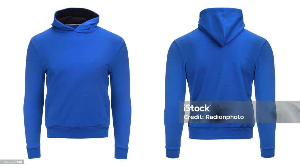 Blank blue male hoodie sweatshirt  with clipping path, mens pullover for your design mockup and template for print, isolated white background. Blank blue male hoodie sweatshirt  with clipping path, mens pullover for your design mockup and template for print, isolated on white background. Blue Stock Photo