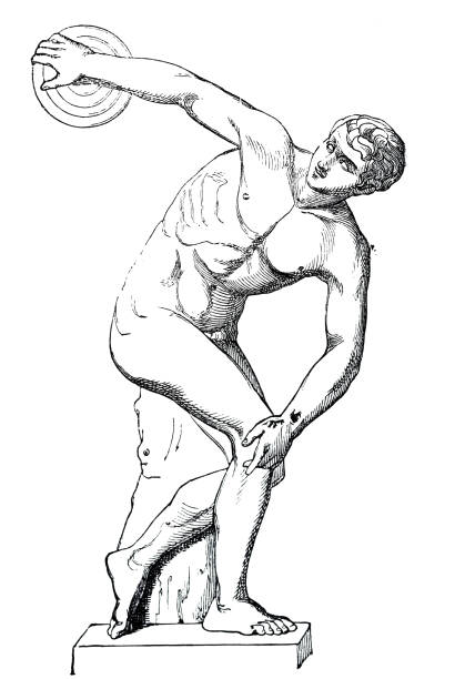 Naked roman discus thrower Illustration from 19th century ancient rome stock illustrations