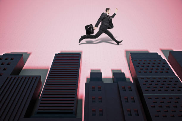 istock Man running in abstract city with shadows 844550696