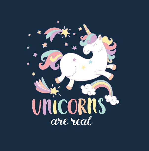 ÐÐµÑÐ°ÑÑ Lettering Unicorn are real with stars, rainbow and shooting stars. Vector illustration for you design, print. unicorn logo stock illustrations