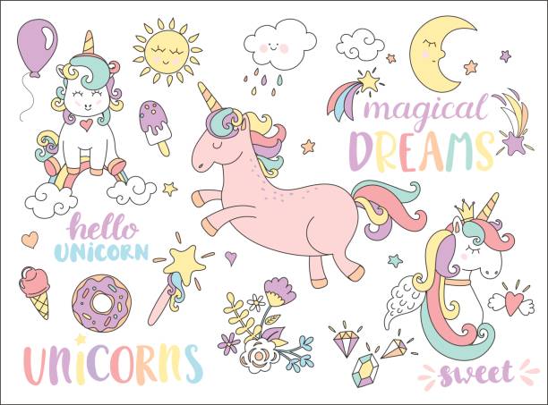Set of unicorns and other fairy tales stickers. Vector set with stickers, pins, patches and some lettering in cartoon 80s-90s comic style. pony wings stock illustrations