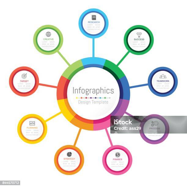 Infographic 9 옵션 부품 단계 일정 또는 프로세스와 비즈니스 데이터에 대 한 디자인 요소입니다 벡터 일러스트입니다 8-9 살에 대한 스톡 벡터 아트 및 기타 이미지