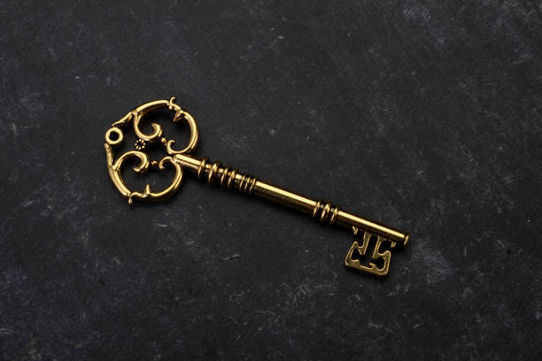 istock Golden Key on Black Grunge Background 844596556